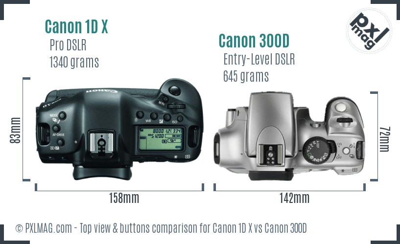 Canon 1D X vs Canon 300D top view buttons comparison