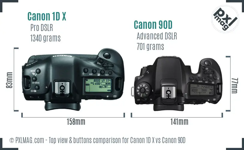 Canon 1D X vs Canon 90D top view buttons comparison
