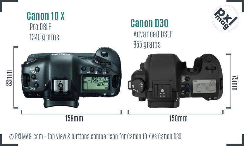 Canon 1D X vs Canon D30 top view buttons comparison