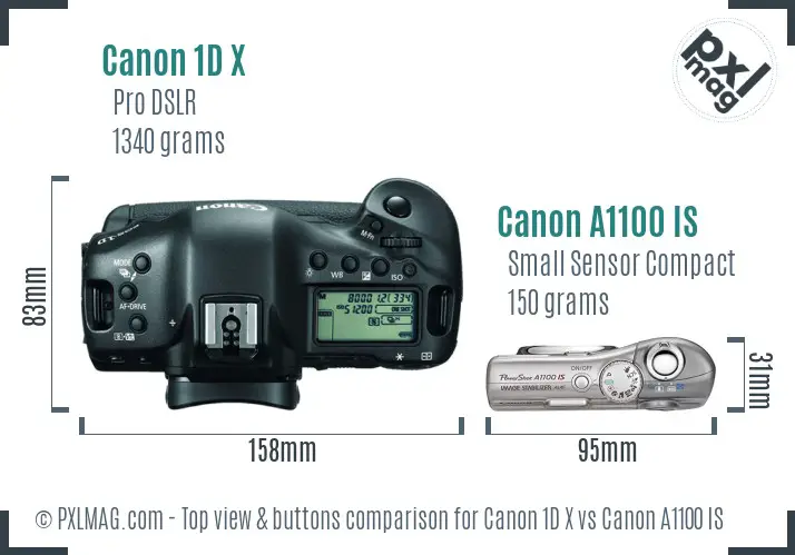 Canon 1D X vs Canon A1100 IS top view buttons comparison