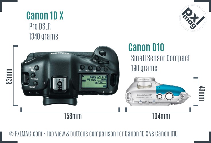 Canon 1D X vs Canon D10 top view buttons comparison