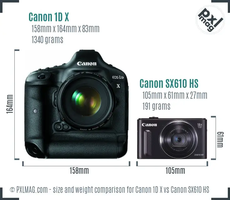 Canon 1D X vs Canon SX610 HS size comparison