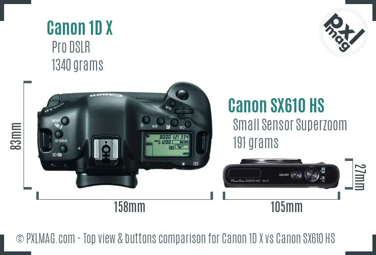 Canon 1D X vs Canon SX610 HS top view buttons comparison