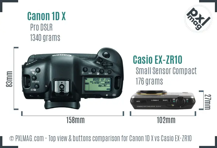 Canon 1D X vs Casio EX-ZR10 top view buttons comparison