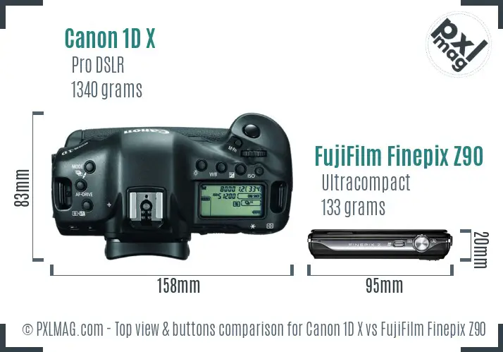 Canon 1D X vs FujiFilm Finepix Z90 top view buttons comparison