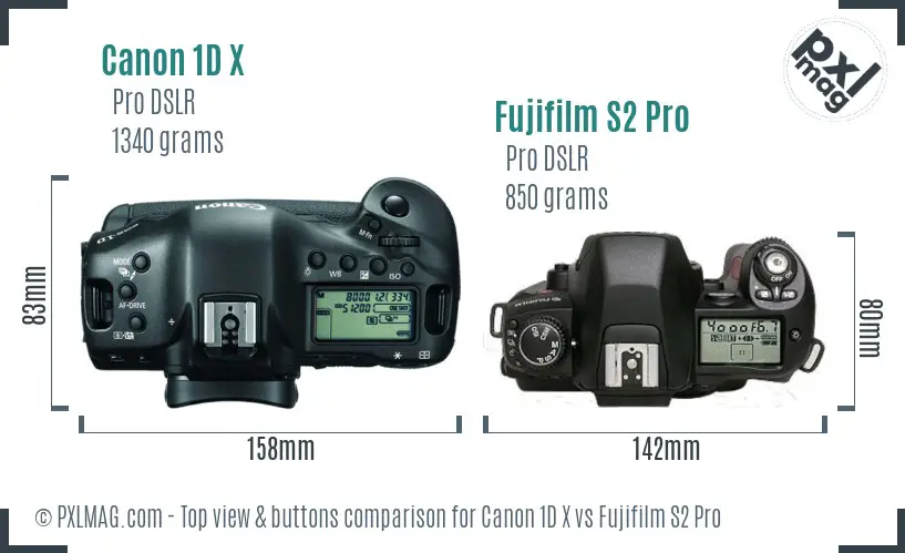 Canon 1D X vs Fujifilm S2 Pro top view buttons comparison