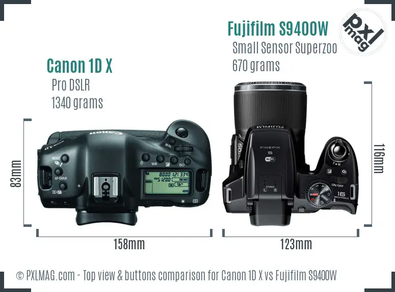 Canon 1D X vs Fujifilm S9400W top view buttons comparison Canon 1D X vs Fujifilm S9400W top view buttons comparison