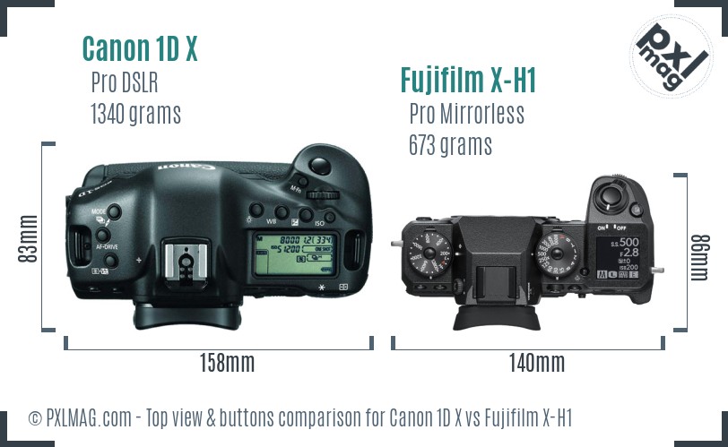 Canon 1D X vs Fujifilm X-H1 top view buttons comparison