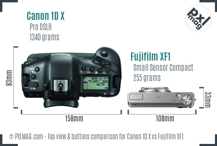 Canon 1D X vs Fujifilm XF1 top view buttons comparison