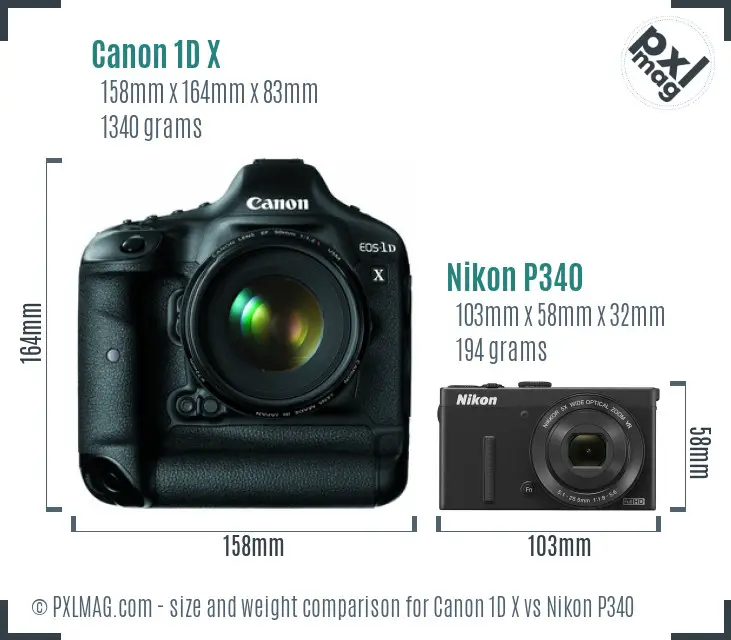 Canon 1D X vs Nikon P340 size comparison