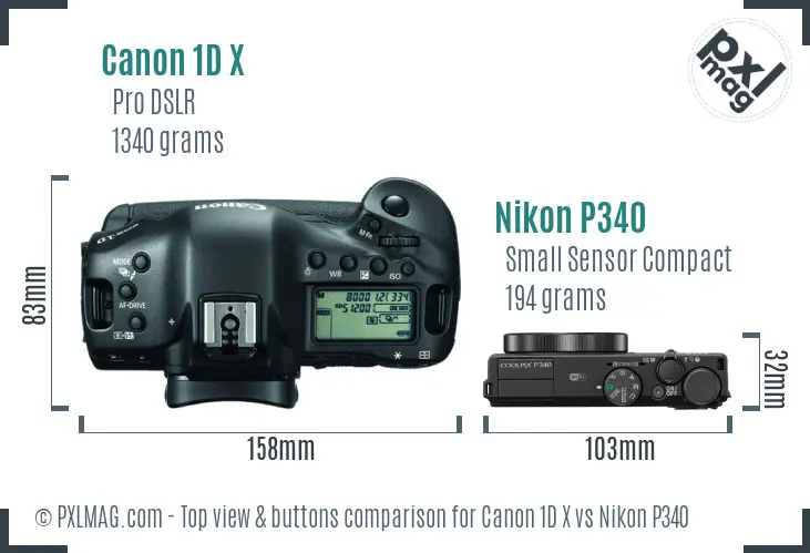 Canon 1D X vs Nikon P340 top view buttons comparison