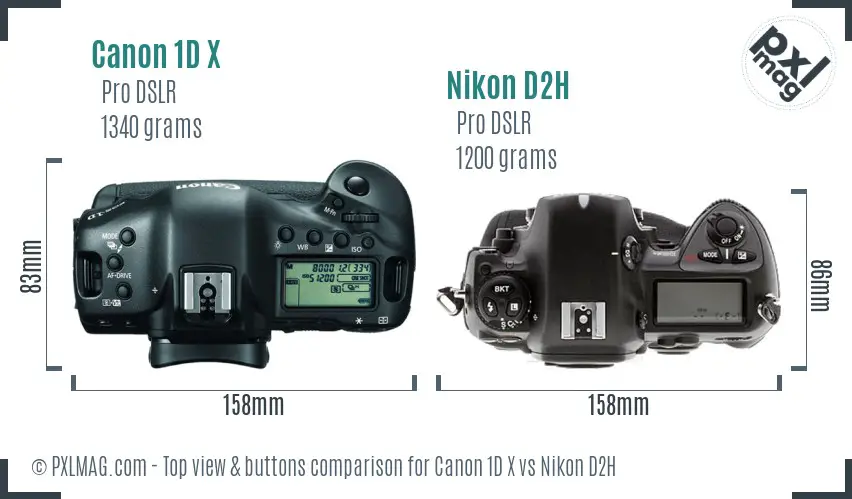 Canon 1D X vs Nikon D2H top view buttons comparison