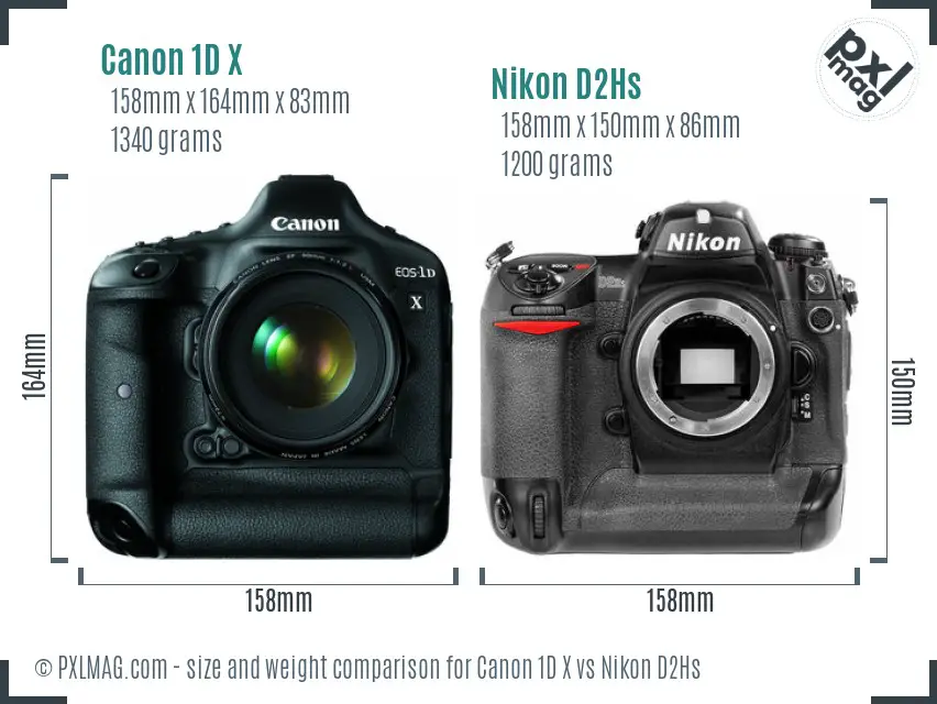 Canon 1D X vs Nikon D2Hs size comparison