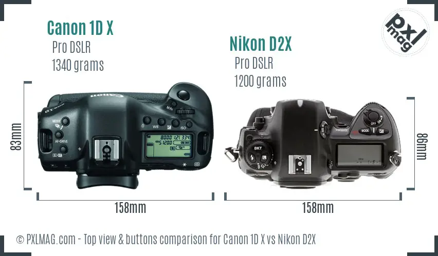 Canon 1D X vs Nikon D2X top view buttons comparison