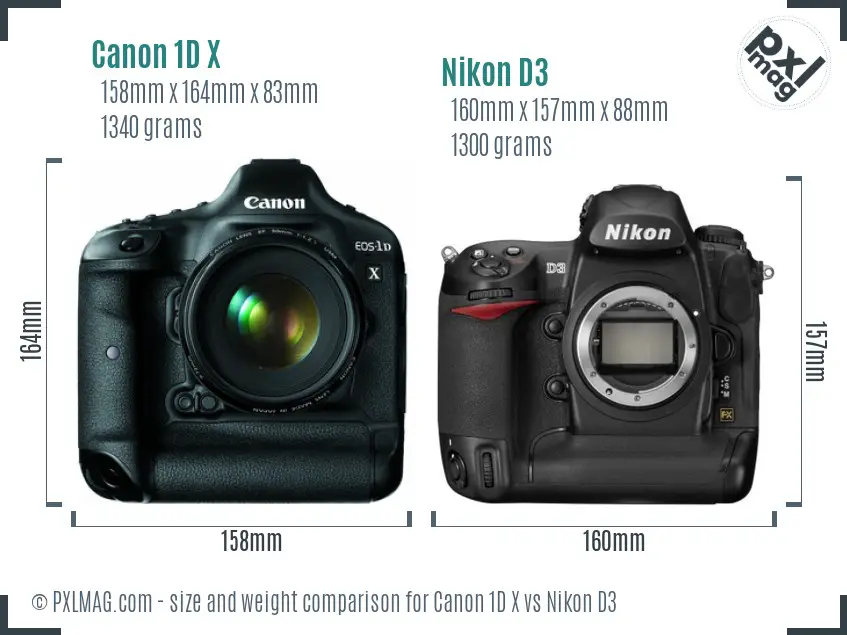 Canon 1D X vs Nikon D3 size comparison
