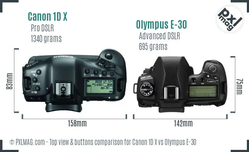 Canon 1D X vs Olympus E-30 top view buttons comparison