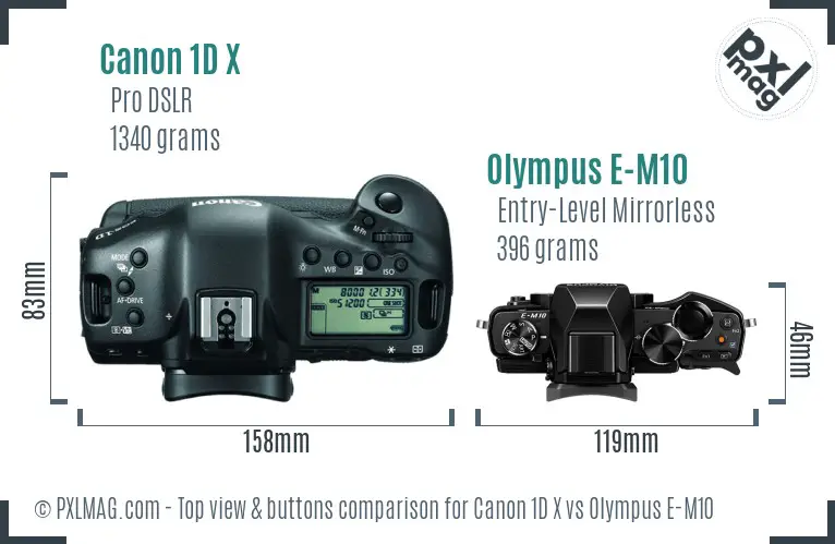 Canon 1D X vs Olympus E-M10 top view buttons comparison