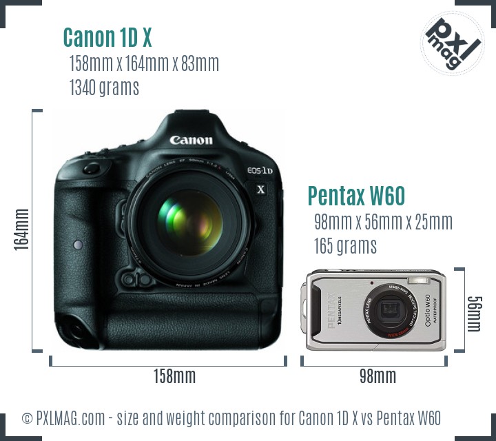 Canon 1D X vs Pentax W60 size comparison