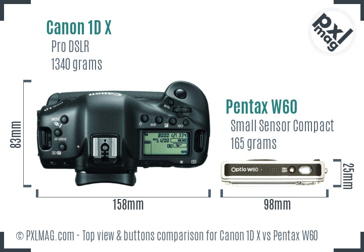 Canon 1D X vs Pentax W60 top view buttons comparison