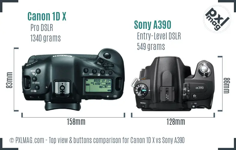 Canon 1D X vs Sony A390 top view buttons comparison