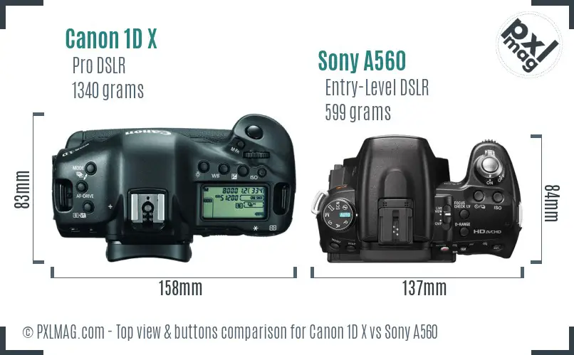 Canon 1D X vs Sony A560 top view buttons comparison