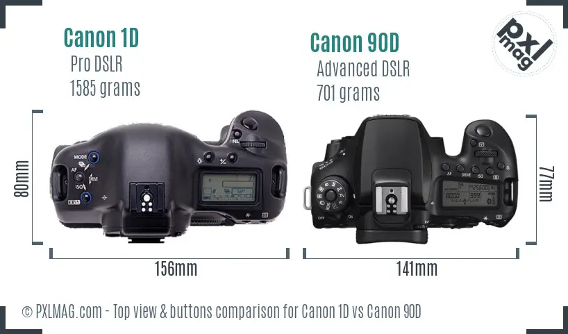 Canon 1D vs Canon 90D top view buttons comparison