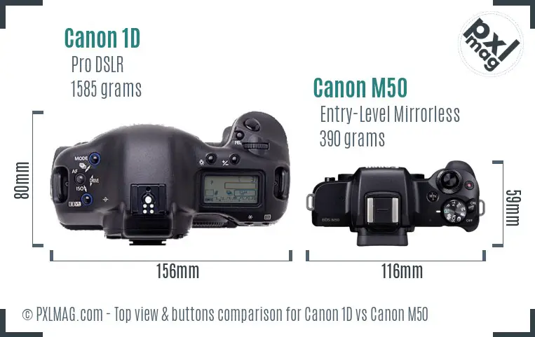 Canon 1D vs Canon M50 top view buttons comparison