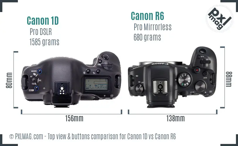 Canon 1D vs Canon R6 top view buttons comparison