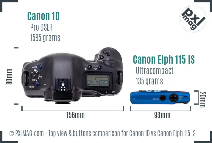 Canon 1D vs Canon Elph 115 IS top view buttons comparison Canon 1D vs Canon Elph 115 IS top view buttons comparison