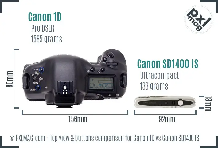 Canon 1D vs Canon SD1400 IS top view buttons comparison