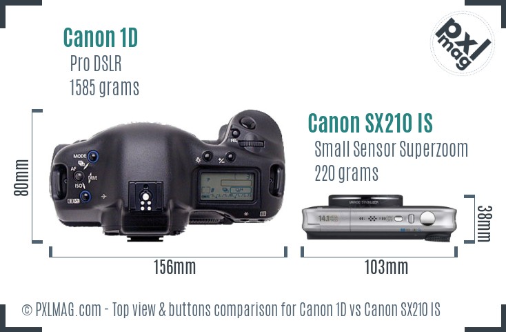 Canon 1D vs Canon SX210 IS top view buttons comparison