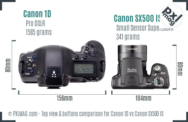 Canon 1D vs Canon SX500 IS top view buttons comparison
