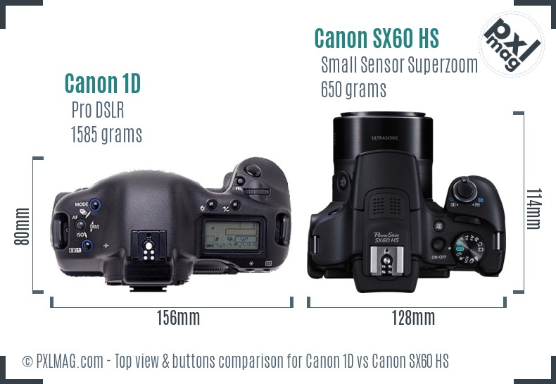 Canon 1D vs Canon SX60 HS top view buttons comparison