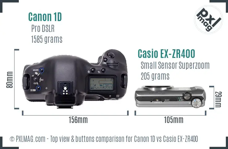 Canon 1D vs Casio EX-ZR400 top view buttons comparison