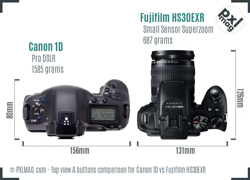 Canon 1D vs Fujifilm HS30EXR top view buttons comparison Canon 1D vs Fujifilm HS30EXR top view buttons comparison