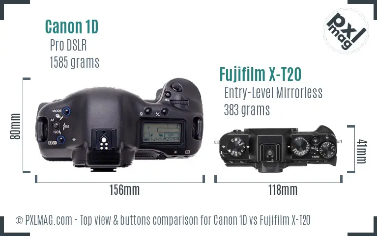 Canon 1D vs Fujifilm X-T20 top view buttons comparison