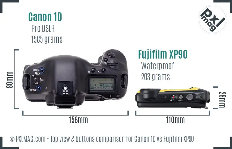 Canon 1D vs Fujifilm XP90 top view buttons comparison