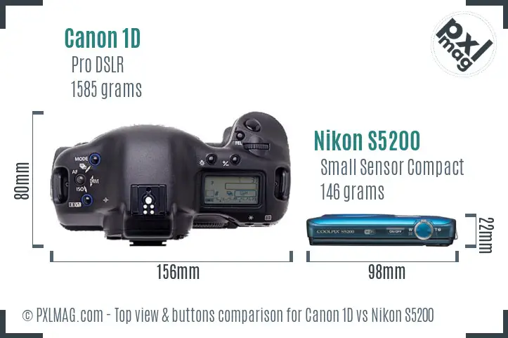 Canon 1D vs Nikon S5200 top view buttons comparison