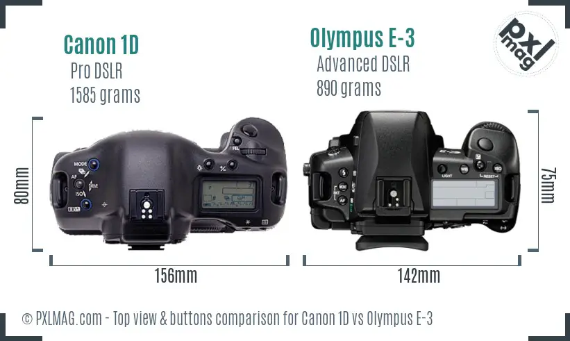 Canon 1D vs Olympus E-3 top view buttons comparison