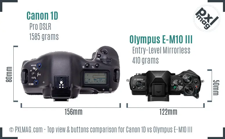 Canon 1D vs Olympus E-M10 III top view buttons comparison