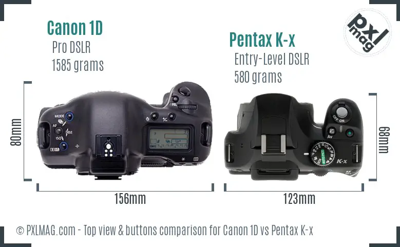 Canon 1D vs Pentax K-x top view buttons comparison