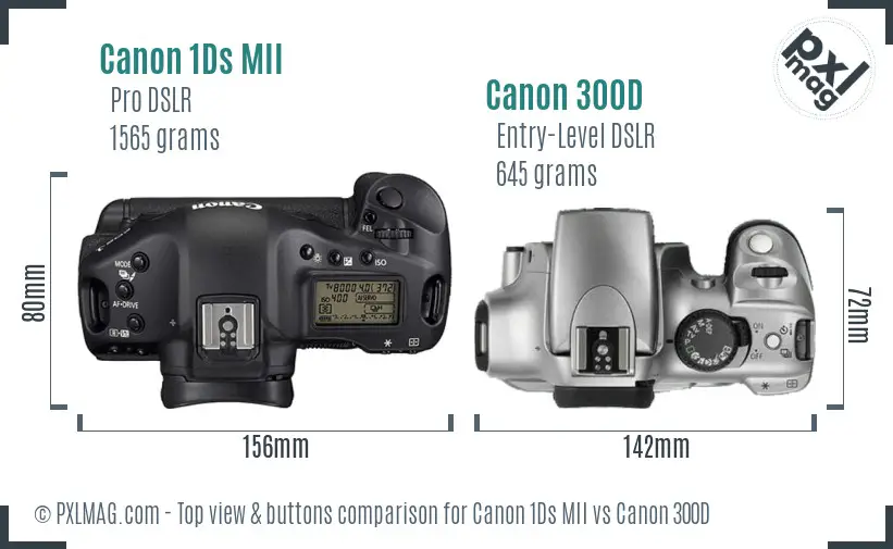 Canon 1Ds MII vs Canon 300D top view buttons comparison Canon 1Ds MII vs Canon 300D top view buttons comparison