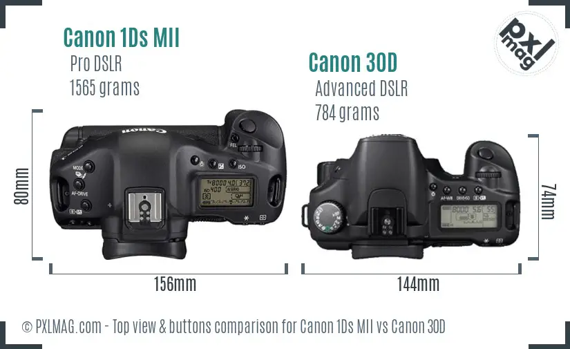 Canon 1Ds MII vs Canon 30D top view buttons comparison Canon 1Ds MII vs Canon 30D top view buttons comparison