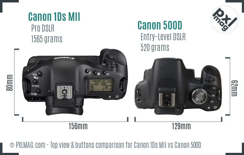 Canon 1Ds MII vs Canon 500D top view buttons comparison