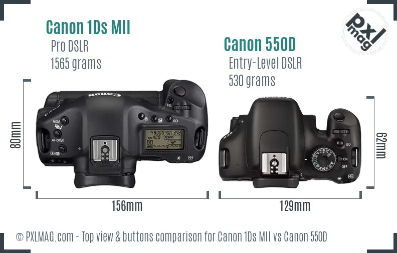 Canon 1Ds MII vs Canon 550D top view buttons comparison Canon 1Ds MII vs Canon 550D top view buttons comparison