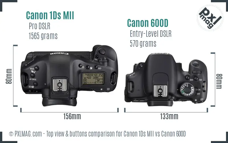Canon 1Ds MII vs Canon 600D top view buttons comparison Canon 1Ds MII vs Canon 600D top view buttons comparison