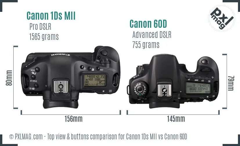 Canon 1Ds MII vs Canon 60D top view buttons comparison Canon 1Ds MII vs Canon 60D top view buttons comparison