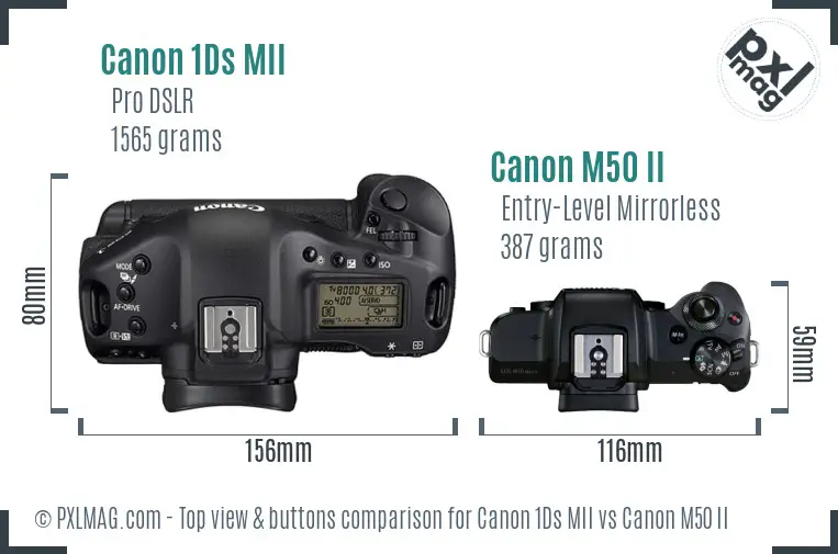 Canon 1Ds MII vs Canon M50 II top view buttons comparison Canon 1Ds MII vs Canon M50 II top view buttons comparison