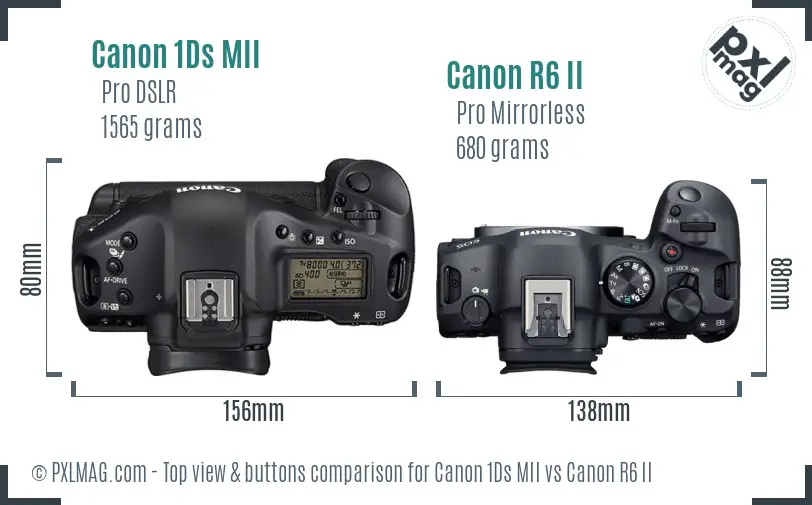 Canon 1Ds MII vs Canon R6 II top view buttons comparison Canon 1Ds MII vs Canon R6 II top view buttons comparison