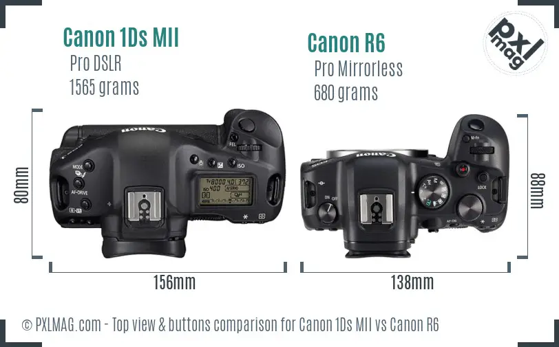 Canon 1Ds MII vs Canon R6 top view buttons comparison Canon 1Ds MII vs Canon R6 top view buttons comparison